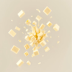 White chocolate cubes exploding in the air with splash of melted chocolate