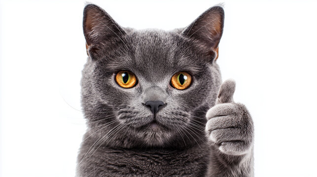 A gray cat giving a thumbs up, isolated on a white background