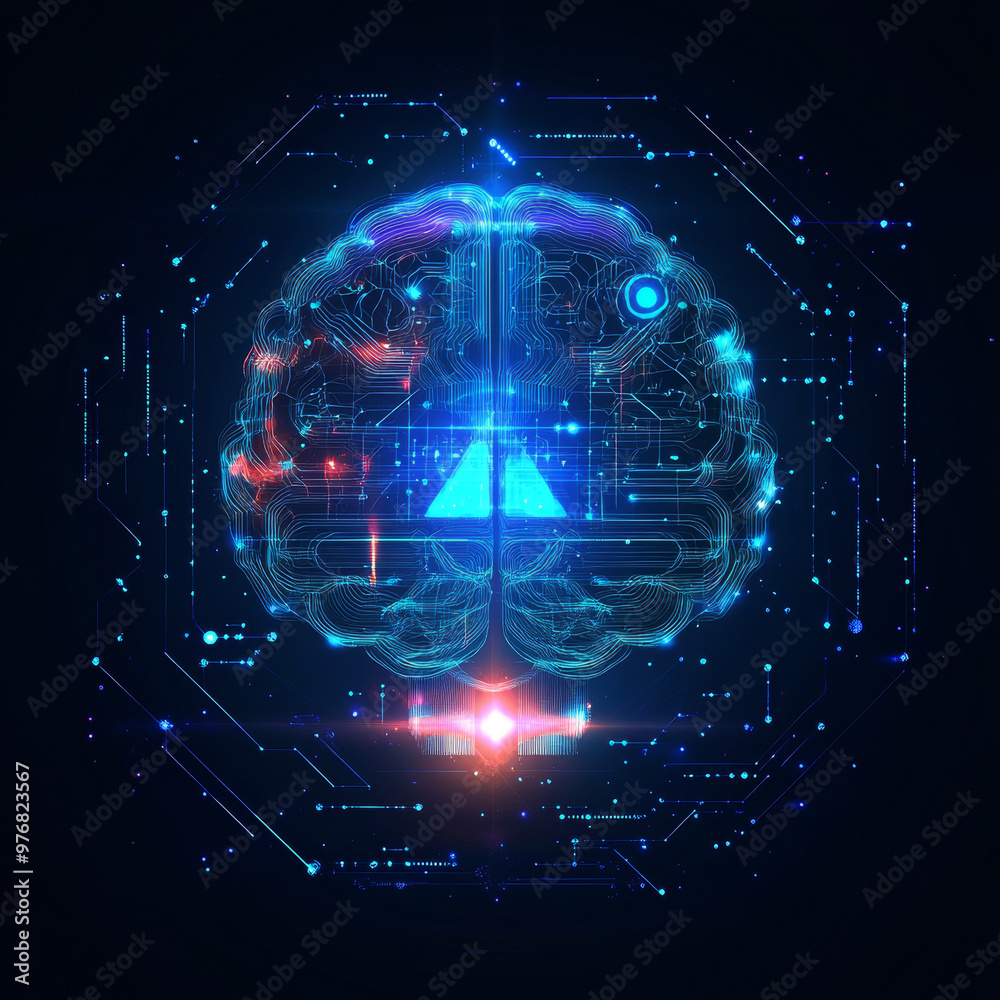 Poster abstract digital technology background for artificial intelligence (ai) featuring a digital brain, f
