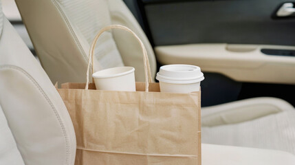 Takeaway food in paper bags and cups sits on car seats, close-up of products