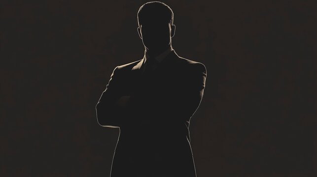 black silhouette of a man standing with crossed arms. It looks like a secret agent. 