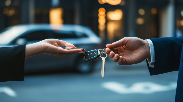 A woman's hand gracefully extends, offering a car key to a male valet near a brightly lit valet parking sign in the bustling downtown cityscape. The valet, dressed smartly in his uniform, reaches out 
