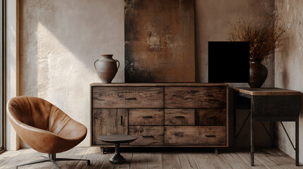 Wooden antique cabinet with ornate details, perfect for a classic living room interior