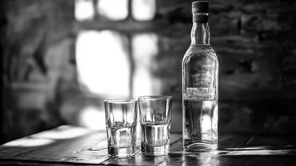 Celebrating National Vodka Day with crystal glasses and a bottle on rustic wooden table