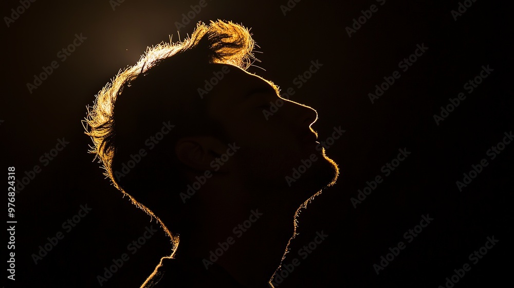 Sticker silhouette of a man's head and shoulders, backlit, black background, shadow play 