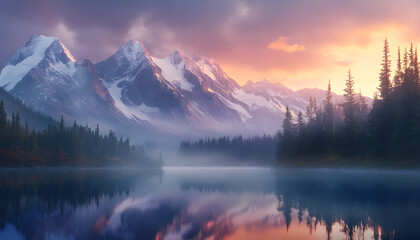 Obraz premium Nature Bliss: A serene mountain landscape with a lake reflecting the snowy peaks at sunrise