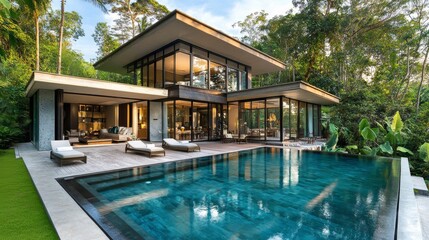 Fototapeta premium Modern Villa with Infinity Pool and Lush Tropical Garden