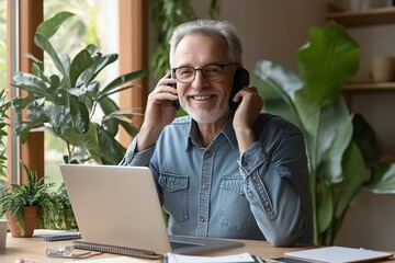 Smiling Mature Man Talking on Phone and Working on Laptop