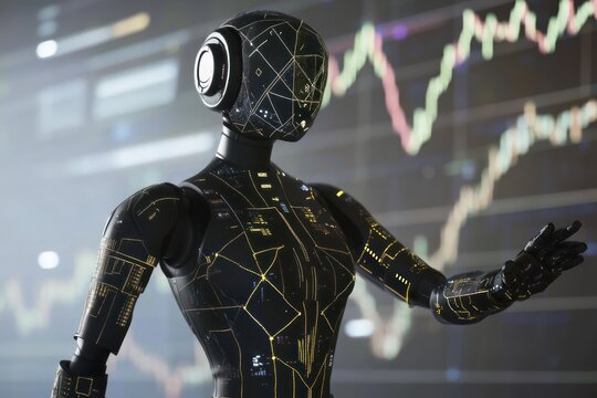 Black Robot with Golden Circuitry and Stock Market Chart Background