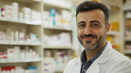 Fototapeta premium Friendly pharmacist assisting customers in a busy pharmacy filled with health products during the day