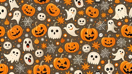 Halloween Pattern. a seamless pattern with Halloween motifs including pumpkins, ghosts, spider webs, bats, black cat silhouettes, witch hats, and candy corns on a dark background.