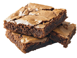 Stacked chocolate brownies with crispy tops and soft, fudgy interiors on transparent background.