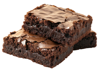 Three rich chocolate brownies with moist, gooey texture on transparent background.
