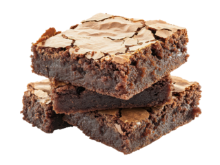 Stack of four rich chocolate brownies with crisp top and fudgy texture on transparent background.