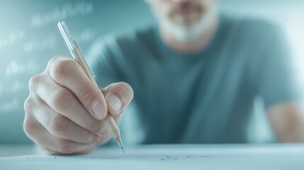 A man is writing with a pencil on a piece of paper