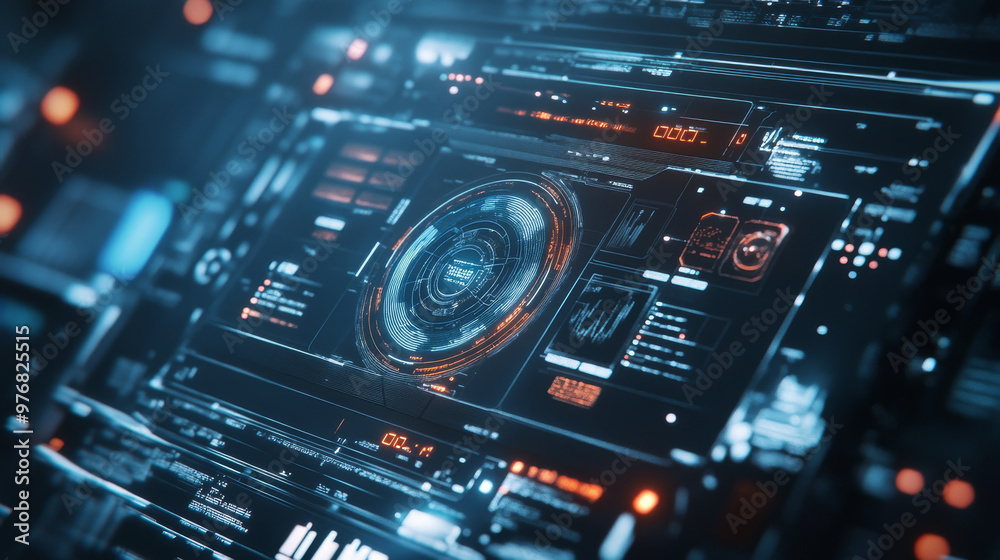 Poster abstract hud sci-fi display with a tech frame and digital interface elements, showcasing futuristic 