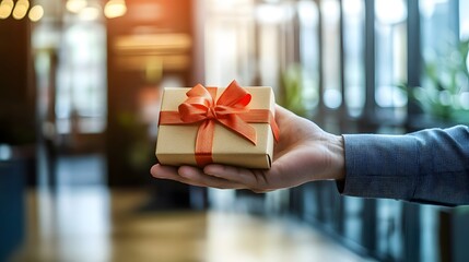 Hand Offering a Gift Box in a Business Setting: A professional hand presenting a small, elegantly wrapped gift box in an office environment.
