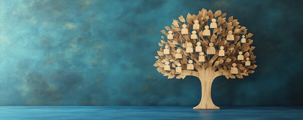 Organizational Growth and Team Management Illustrated: Wooden Tree with People Icons on Blue Table