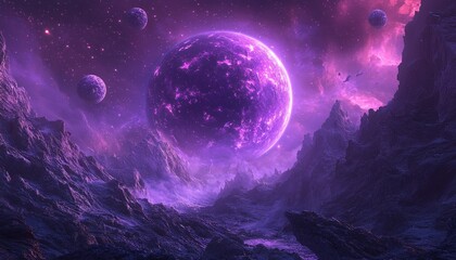 Obraz premium Enchanting Purple Planet in a Celestial Fantasy - Futuristic Space Scene with Copy Space for Text