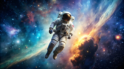 Fototapeta premium Astronaut floating in outer space surrounded by stars and cosmic dust, astronaut, space, outer space, galaxy, stars
