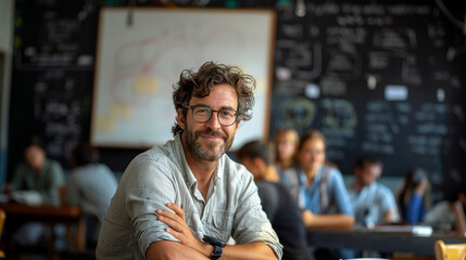Fototapeta premium Portrait of a middle-aged professor with glasses looking at the camera in class