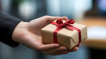 Hand Offering a Gift Box in a Business Setting: A professional hand presenting a small, elegantly wrapped gift box in an office environment.
