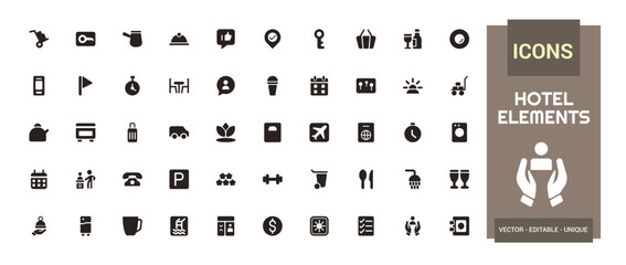 Hotel elements solid web icon set. Solid icons collection. glyph icon set for ui. Editable stroke. Filled icon set. Vector illustration.