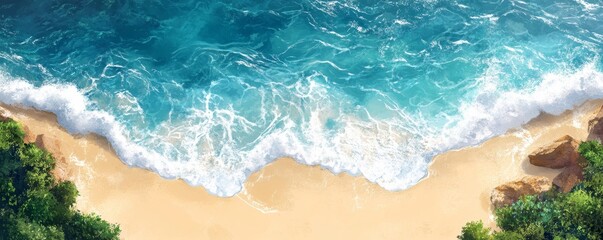 Tranquil Seaside Escape - Aerial View of Beach with Ocean Waves Vector Illustration | Coastal Landscape Travel Scene with Copy Space