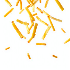 Golden French Fries Falling Against White Background
