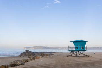 Vast sandy beaches and lifesaving towers on the San Diego coast
