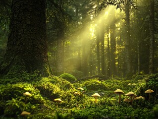 Obraz premium Enchanting Mystical Forest with Glowing Sunlight and Lush Greenery