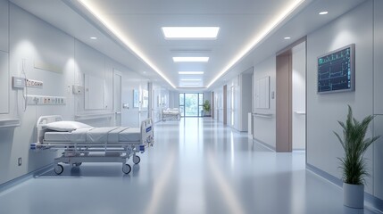 Obraz premium Modern Hospital Corridor with Empty Bed and Medical Equipment