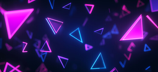 Abstract background with floating geometric shapes. Blue and purple 3D objects on black backdrop