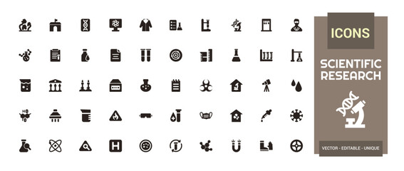 Scientific research solid icons set, filled icon set, solid icon set. Glyph set for web and ui. Editable stroke. Vector illustration.