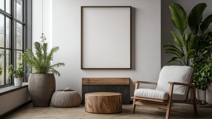 Modern Living Room Interior Design with Empty Frame  Wooden Coffee Table and Armchair