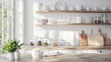 The kitchen features a pristine white interior, with clean, modern lines and a bright, airy feel. Glass jars neatly line the shelves, holding various food items and adding a touch of elegance to the s