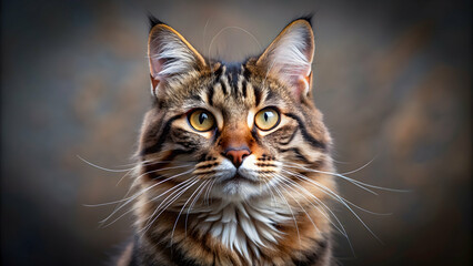 Fototapeta premium Close-up image of a majestic and curious cat , feline, whiskers, eyes, fur, cute, fluffy, pet, portrait, animal