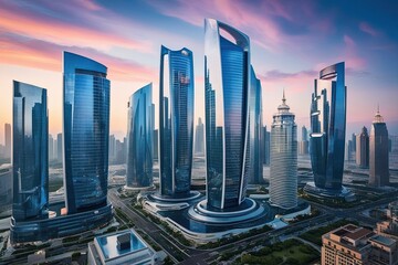 Innovative Skyscrapers in a Modern Smart Financial District Featuring Vibrant Reflections and Dynamic Architecture