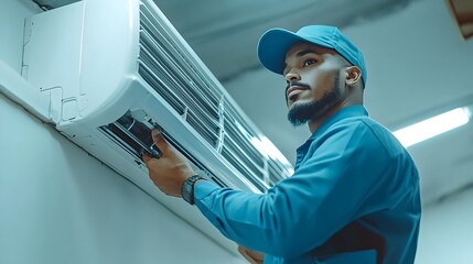 HVAC Technician Repairing Air Conditioner in Commercial Workspace