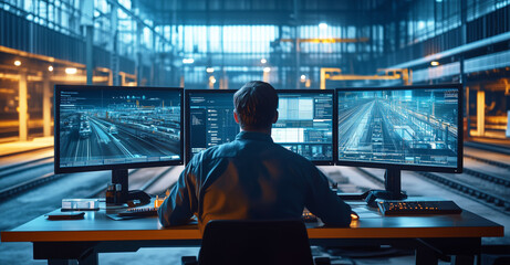 A man sits at a desk in a control room, overseeing rail operations on three large monitors, showcasing a high-tech transportation environment