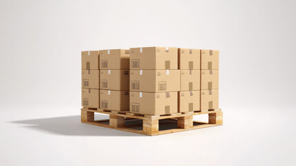 Several carton boxes are evenly stacked on a double-decked pallet in a 3D rendering, isolated against a white background. The arrangement highlights packaging and delivery processes, representing carg