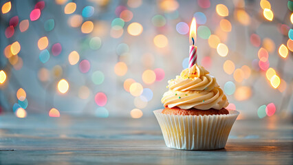 Delicious birthday cupcake with burning candle and space for text on blurred lights background, cupcake, birthday