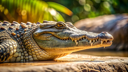 Obraz premium Close-up of an American crocodile basking in the sun , predator, reptile, wildlife, Florida, Everglades, scales, menacing
