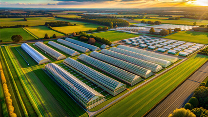 Obraz premium Aerial view of multiple glass greenhouses in a rural landscape, neat rows of structures surrounded by farmland, late afternoon sunlight casting long shadows