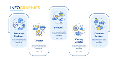 Movie production crew rectangle infographic vector. Film directing, storyboard. Actor audition. Data visualization with 5 steps. Editable rectangular options chart. Lato-Bold, Regular fonts used