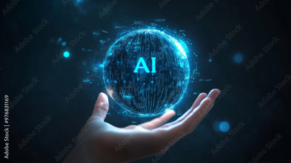 Poster ai artificial intelligence logo held in a hand, representing artificial intelligence and machine lea