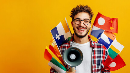 A young man holds a megaphone surrounded by various national flags, set against a vibrant yellow background. The image symbolizes the study of foreign languages, with the megaphone representing commun