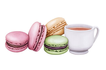 Obraz premium A delightful arrangement of colorful macarons alongside a classic cup of tea, perfect for a sweet indulgence.
