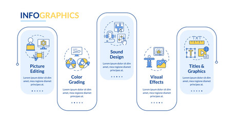 Movie post-production phase rectangle infographic vector. Video footage, color correction. Data visualization with 5 steps. Editable rectangular options chart. Lato-Bold, Regular fonts used
