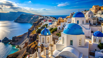 Naklejka premium Breathtaking view overlooking the caldera on Santorini island, featuring white buildings and blue domes , Santorini